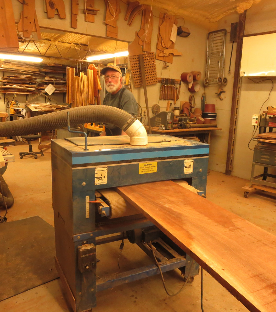 You'll usually find John at work in his shop. He owns an older, dark color Woodmaster Drum Sander. It's at least 20 years old and still works for a living.