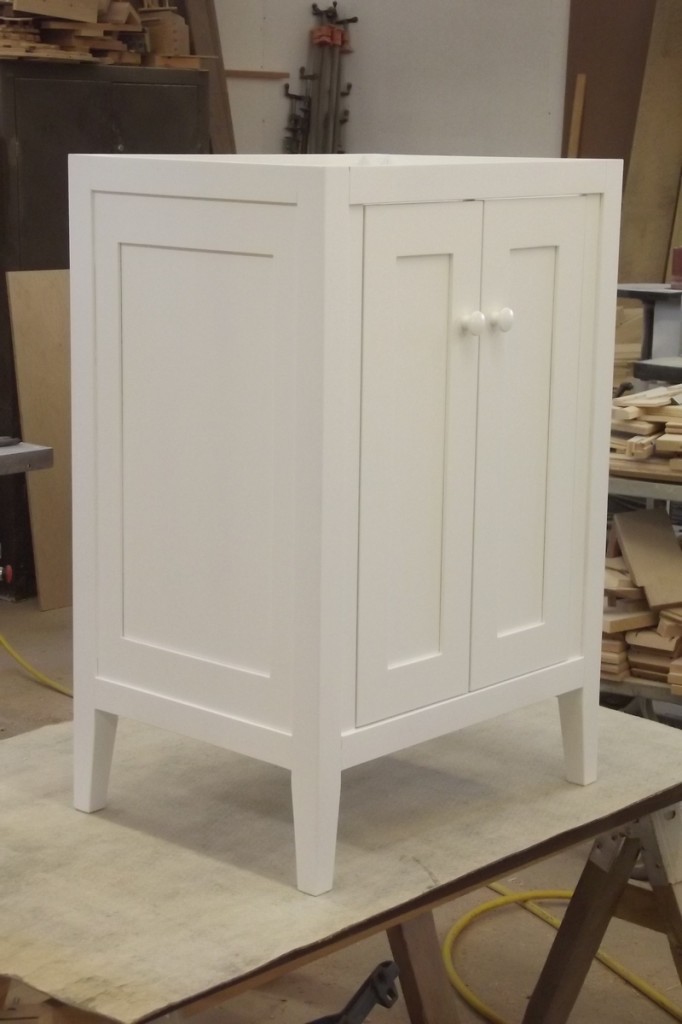 warm white lacquered shaker vanity