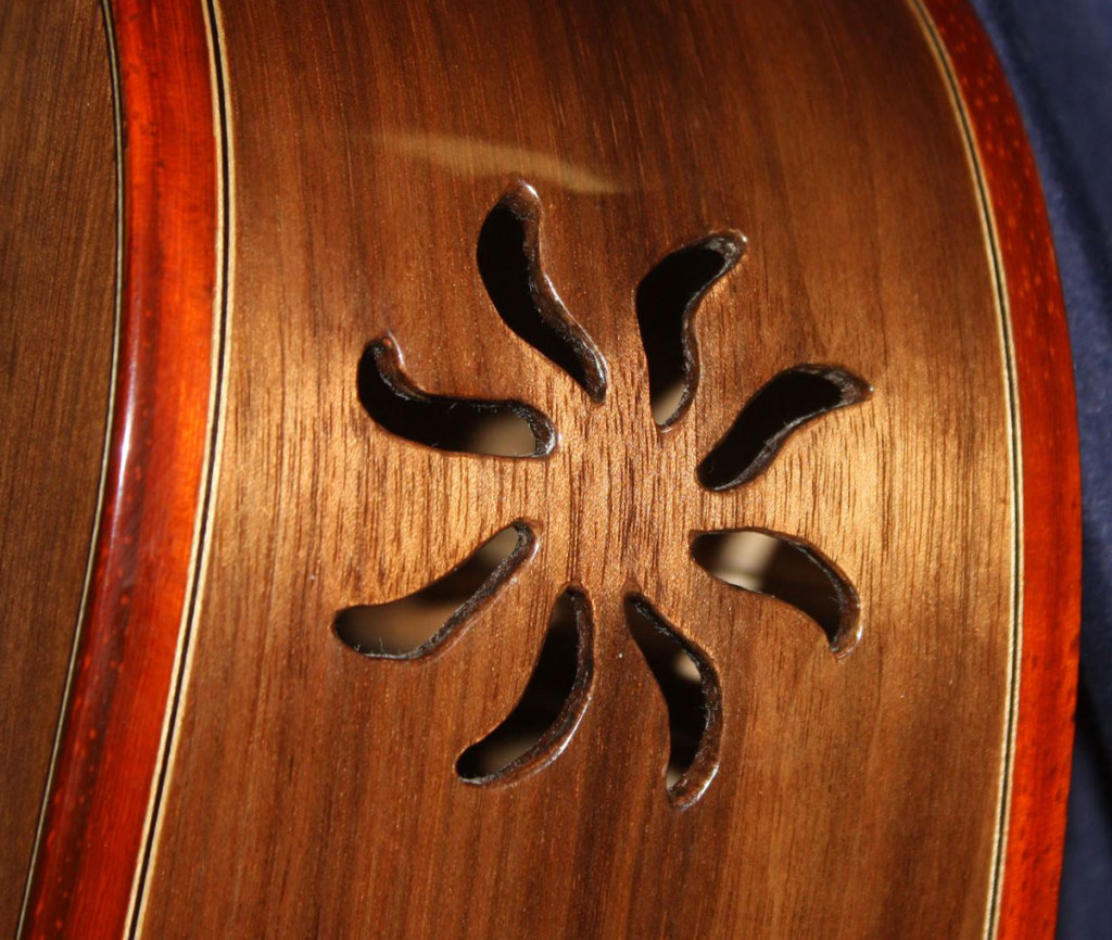 "Here's a detail of a sound port on a dreadnaught-style guitar I made of local walnut with paduk trim."