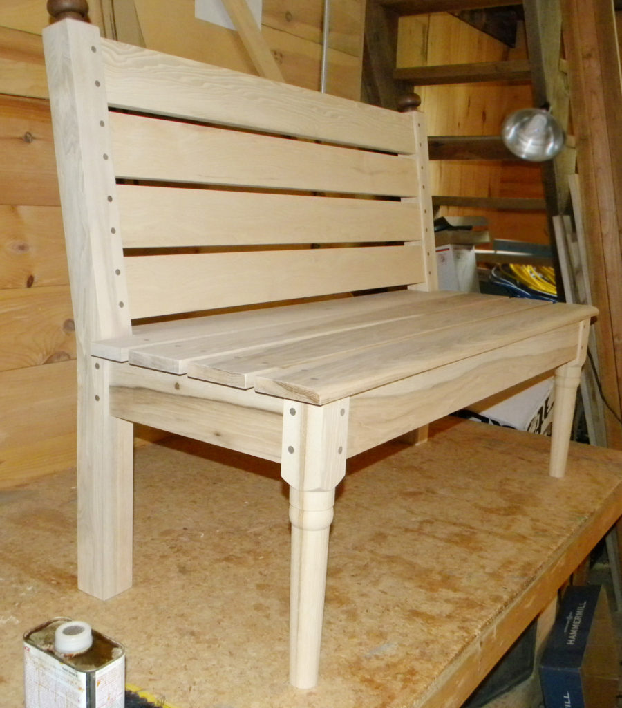 The slat hickory bench was made for the lobby of my son’s business; there are lots of mortise and tenon joints. The hickory had been milled 50 or 60 years earlier and was just waiting for someone to use it.